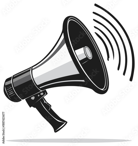Black and White Vector Illustration of a Megaphone Broadcasting Sound Waves