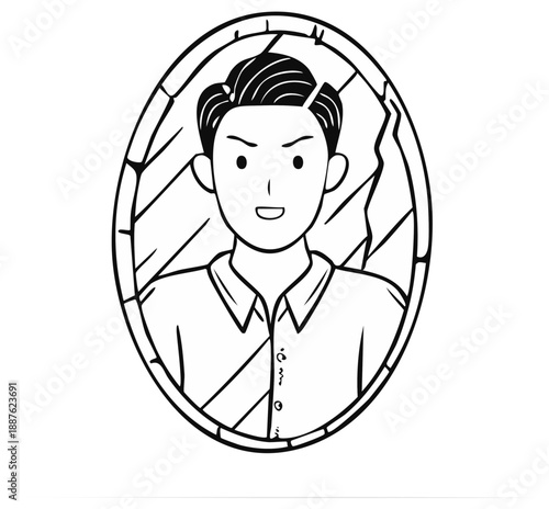 Man's portrait reflected in a cracked oval mirror with determined expression