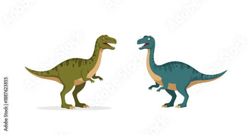 Two cartoon dinosaurs standing opposite each other in friendly conversation against a white background