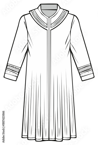 Outline drawing of long robe or coat featuring a detailed collar and sleeve embroidery with front closing. Simple garment design for apparel concepts.