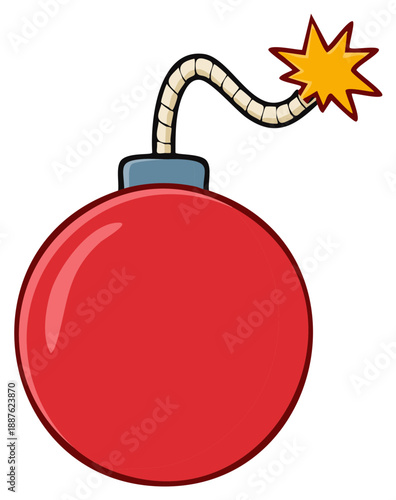 Cartoon Red Bomb with Lit Fuse Danger Warning Symbol Exploding Explosive Device