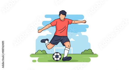 Cartoon illustration of a soccer player preparing to kick a ball on a grassy field under a blue sky