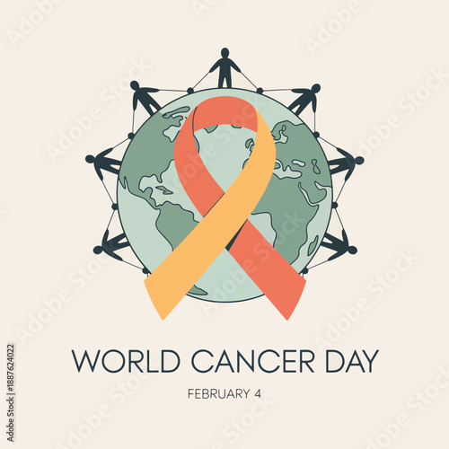 Cancer Day with an orange ribbon and globe surrounded by people with cancer awareness day