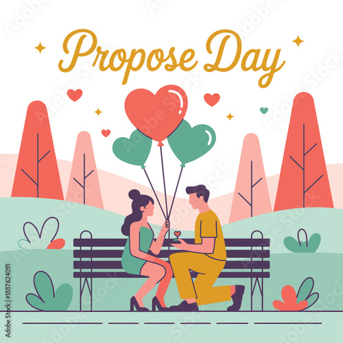 Couple on Bench with Heart Balloons Propose Day proposal