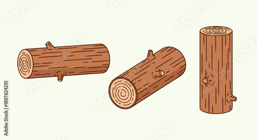 Illustration showing three different views of cartoon brown wooden logs ready for processing or crafting projects