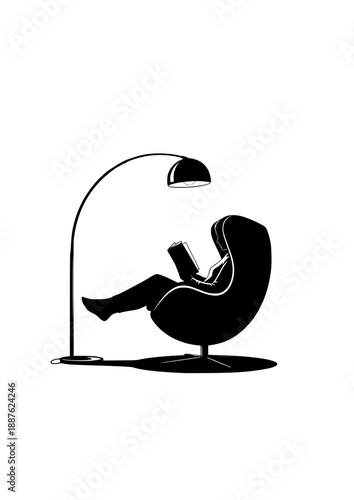 Solo Reading Ritual Silhouette, Person Relaxing in Modern Egg Chair with Floor Lamp, Cozy Night at Home and Mental Wellness Vector Art