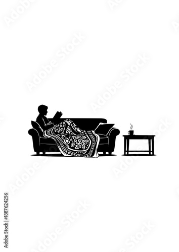 Solo Reading Ritual Silhouette, Person Relaxing in Modern Egg Chair with Floor Lamp, Cozy Night at Home and Mental Wellness Vector Art