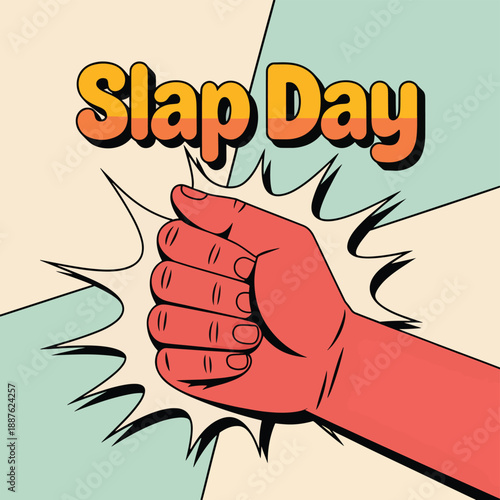 Red hand slap with slap day text in comic style cartoon