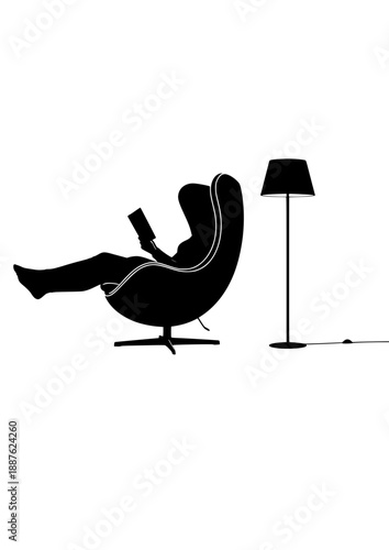 Solo Reading Ritual Silhouette, Person Relaxing in Modern Egg Chair with Floor Lamp, Cozy Night at Home and Mental Wellness Vector Art