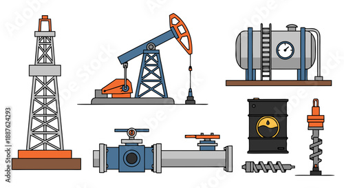 Collection of colorful illustrated oil and gas industry equipment icons for energy extraction concepts