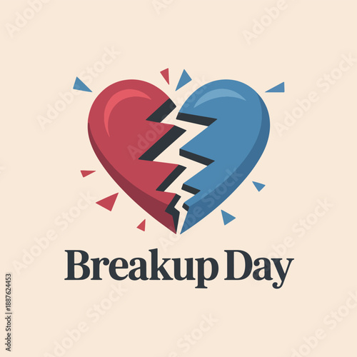 Broken heart with red and blue halves and text breakup day split