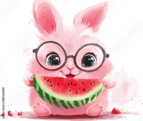 A cute cartoon illustration of a happy pink watermelon face with a funny smile and glasses on a green background featuring a character mix of a sweet baby bunny and a vector art pet