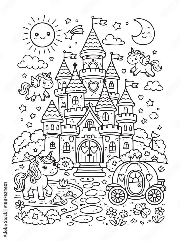 Fototapeta premium Princess Castle Coloring Page, Cute Fantasy Line Drawing for Children