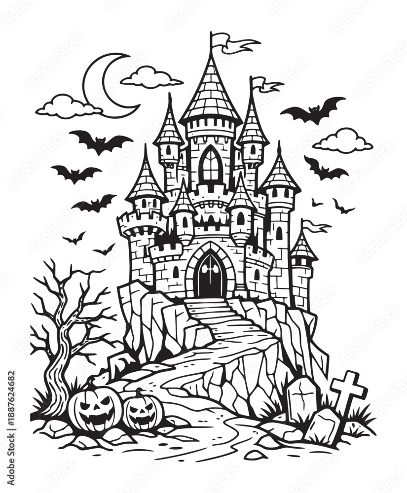 Fototapeta premium Dark Villain Castle Coloring Page, Spooky Tower Line Drawing for Children