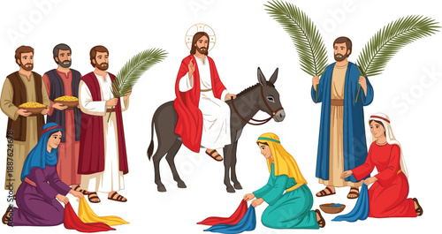 Jesus Christ riding donkey into Jerusalem with people waving palm leaves and laying cloaks for Palm Sunday