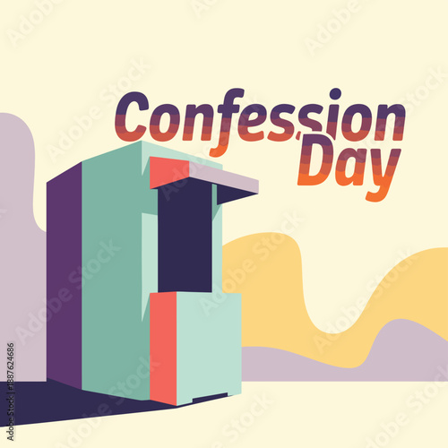 Colorful abstract of a confessional booth with Confession Day text, religious