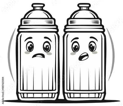 Two cartoon water bottles with expressive faces showing concern and worry