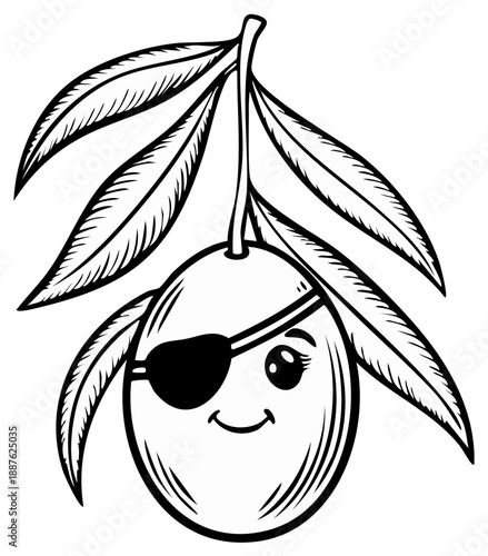 Playful Olive Pirate: Cartoon Olive with Eye Patch and Leafy Branch in Black and White Line Art Style, whimsical drawing with cute facial expression