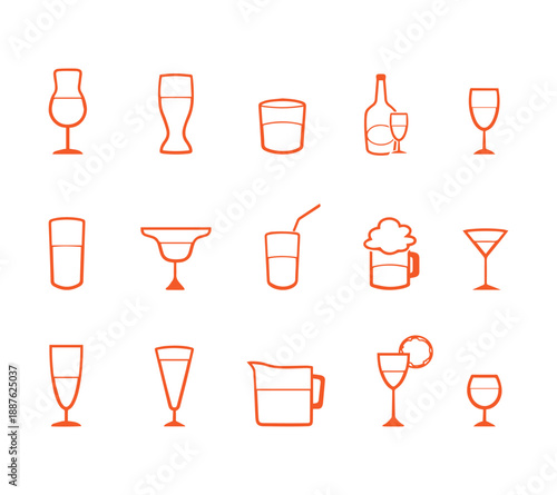 Isolated alcohol cups linear icons set