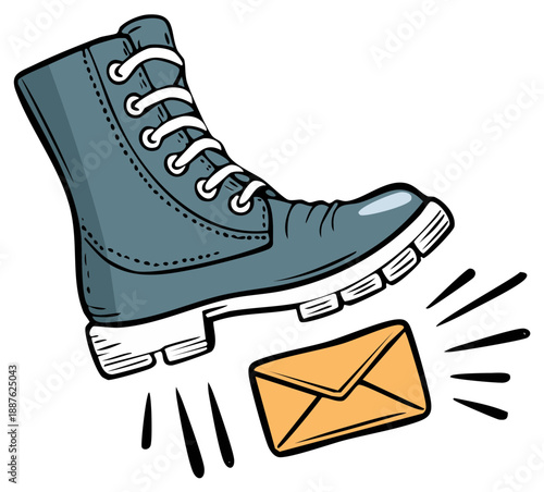 Boot stepping on a letter or envelope, concept of destroying information