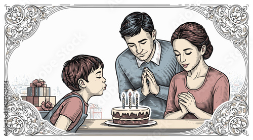 Family celebrating child's birthday with cake and candles