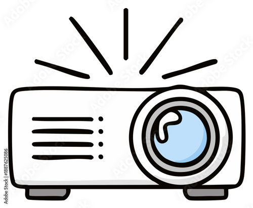 Cute cartoon doodle of an electronic video projector shining a light for a movie screening.