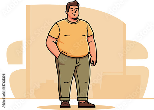 A cartoon illustration of a smiling, overweight man wearing a casual t-shirt and pants, standing with his hands in his pockets