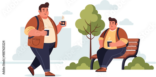 Two Overweight Men Enjoying Coffee Outdoors in a Park Setting