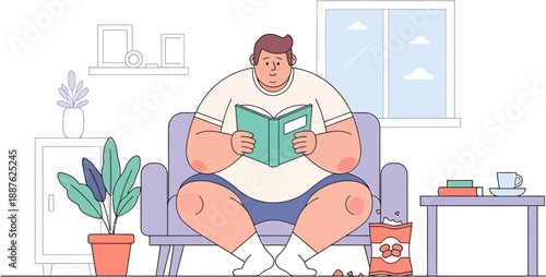 A person is reading a book while sitting on a couch with a snack and a plant next to them in a room