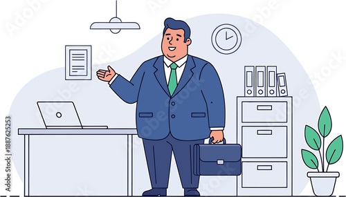 Professional businessman in a suit carrying a briefcase and standing in his office beside a desk with a laptop and filing cabinets