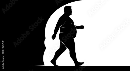 Silhouette of an overweight man walking from darkness into light, symbolizing change or a new beginning