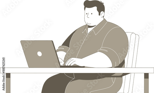 Chubby man sitting at a desk using a laptop with a focused expression, illustration