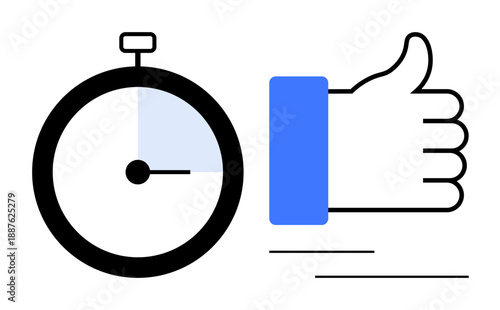 Time management concept. Stopwatch and thumbs up time optimization and positive outcomes. Time as a resource, fast decisions, project deadlines, goal completion, workplace productivity