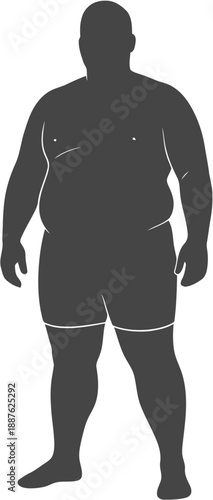 Full body silhouette of an overweight man standing, depicting a larger body type often associated with health, weight, and fitness discussions or body mass index conceptualizations