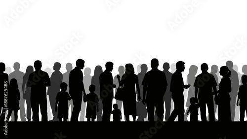 Crowd of diverse people silhouettes standing together in black and white.