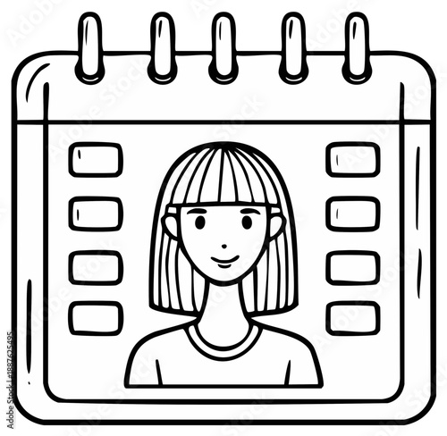 Cartoon calendar icon featuring a female person inside the date boxes smiling at the viewer