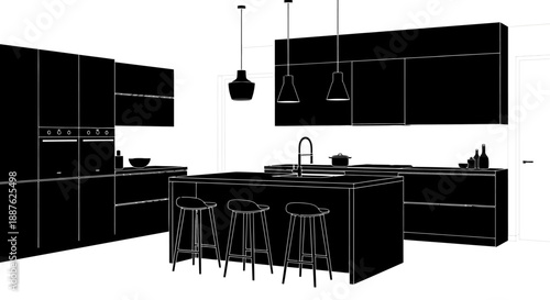 Modern Kitchen Interior Design Silhouette Black and White.