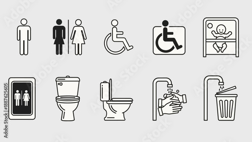Collection of restroom and bathroom icons and symbols.