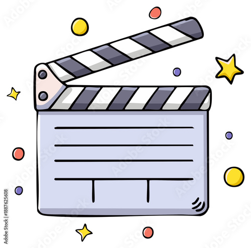 Cartoonish Film Slate Open with Colorful Confetti Illustration for Filmmaking or Video Concepts and Entertainment Industries