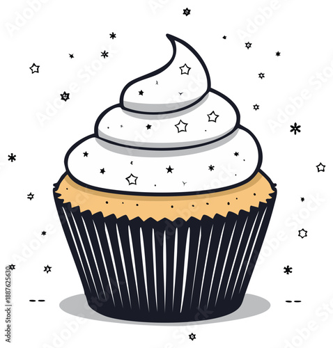 Stylized cupcake with swirl frosting and festive stars isolated on white background illustration