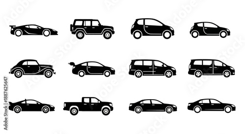 Collection of diverse car silhouettes isolated on white background.