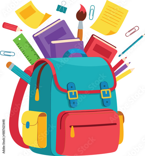 Blue school bag full of stationery items like books and pencils isolated on white background vector illustration for education and back to school concepts