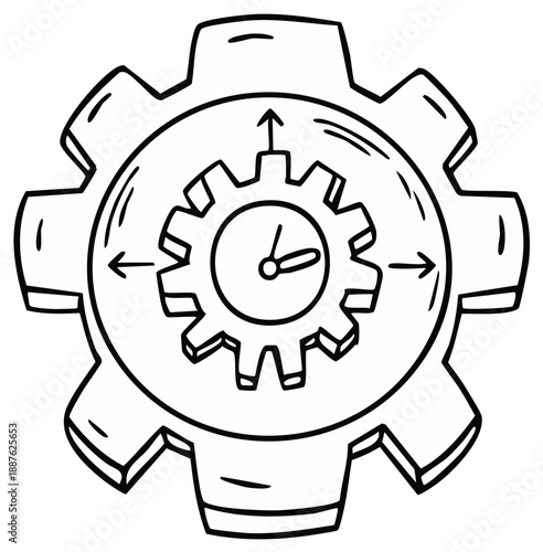 Gear with Clock and Arrows Doodle Concept for Time Management or Progress