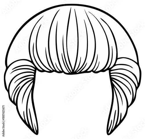 Cartoon Wig Hairstyle, Black and White Illustration
