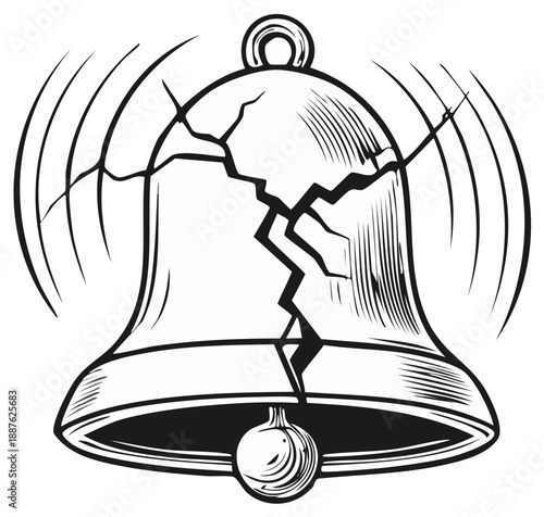 Cracked ringing bell with sound waves, illustrating alarm or warning