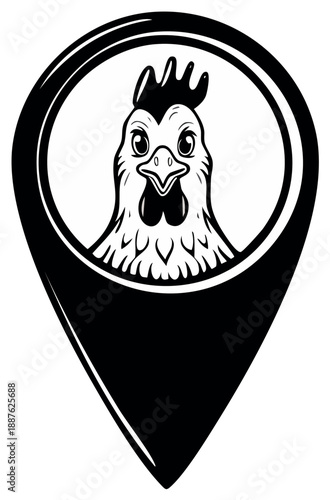 Stylized chicken head icon inside a black location pin symbolizing a farm or eatery