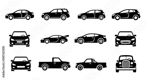 Collection of diverse car silhouettes in black and white.