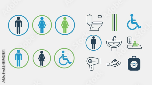 Collection of restroom and accessibility icons and symbols.