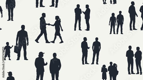Seamless pattern of diverse people silhouettes engaged in various activities.