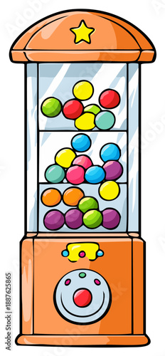 Cartoon illustration of a gumball machine dispensing colorful candy